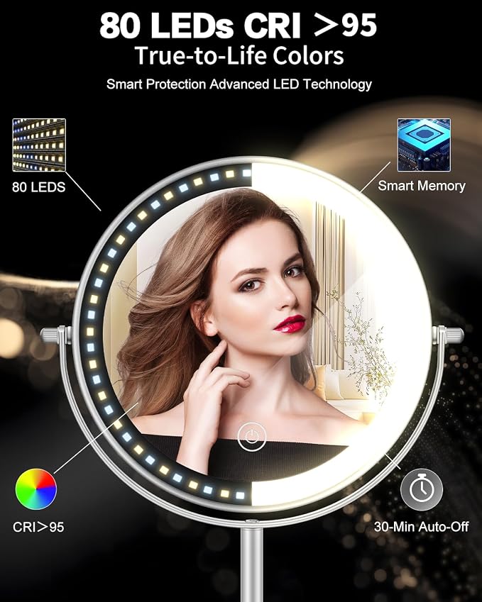 VFD 8'' 30X/1X Magnifying Makeup Mirror with Lights Height Adjustable | Lighted Vanity Mirror with 3 Color Adjustable Brightness, 3000mAh Rechargeable Double Sided Switch for Desk Women Gift