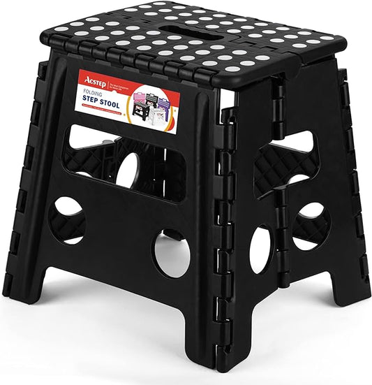13 Inch Folding Step Stool, Non-Slip Surface for Adults/Kids, Black | Collapsible Heavy Duty Foldable Stools, Portable Foot Stepping Stool Holds 300 lb, Kitchen Bathroom Outdoor, with Handle