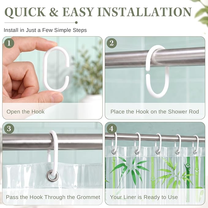 Clear Shower Curtain Liner, Green Botanical PEVA, 72x72 Inch | Nature Plant Waterproof Bath Plastic Shower Curtains Set with 3 Weighted Magnets and 12 Hooks for Bathroom Decor