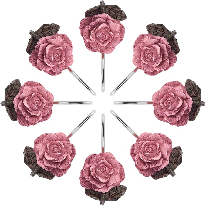 AGPTEK Rose Shower Curtain Hooks, 12 PCS | Anti Rust, Decorative Vintage Resin Rose, For Bathroom, Baby Room, Bedroom, Living Room