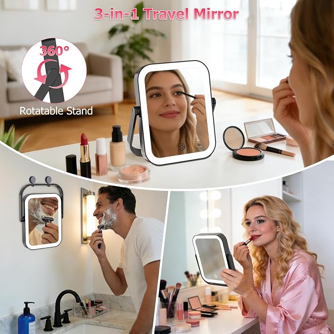FUNTOUCH 3000mAh Rechargeable Travel Magnifying Mirror with Light, Black | 2-Sided 30X Magnifying travel makeup mirror with 3-Color Lighting, Dimmable Touch Screen,Compact Vanity Mirror for Women Gift