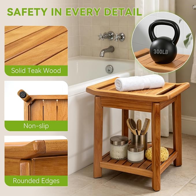 Teak Shower Stool 17" for Inside Shower, HeavyDuty Shower Bench Seat | Non-Slip Shower Stool with Storage Shelf, Waterproof Shower Chair for Seniors & Post Surgery, Safe Bathing & Everyday Comfort