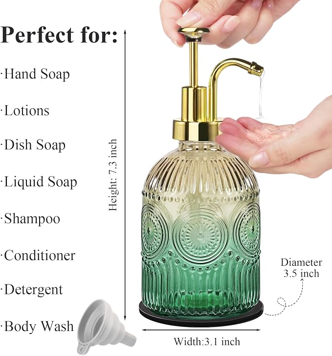 Amolliar 12 Oz Glass Soap Dispenser with Plastic Pump,Green-Gradient | Antique Rustic Hand Liquid Bottle for Bathroom/Kitchen, Vintage/Farmhouse/Boho Style, Pump Dispenser, Refillable