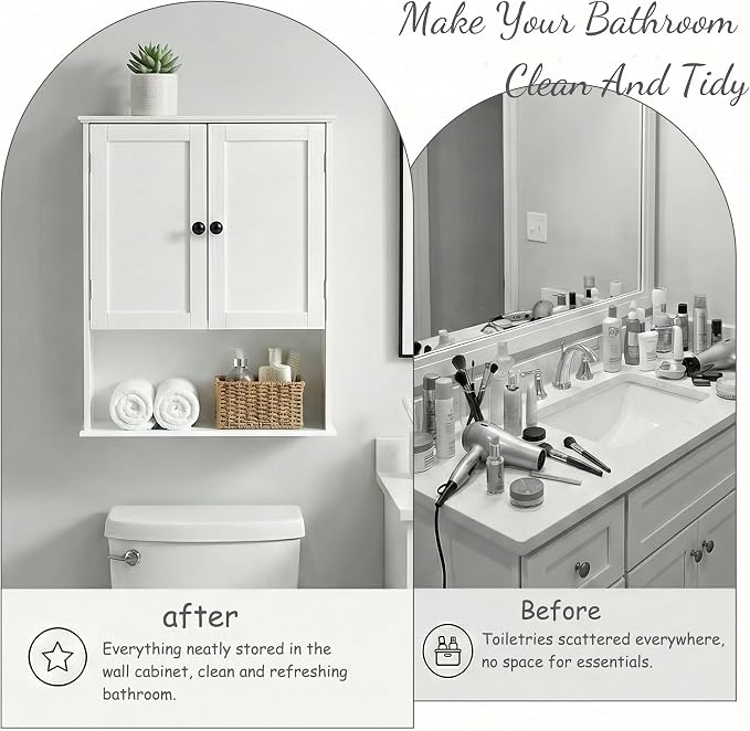 Bathroom Wall Cabinet, White 30" x 24" Wall Mounted Medicine Cabinet, Over Toilet Storage Hanging Cabinet Adjustable Shelves Cupboard with Large Space for Laundry Room, Bedroom, Kitchen, Entryway