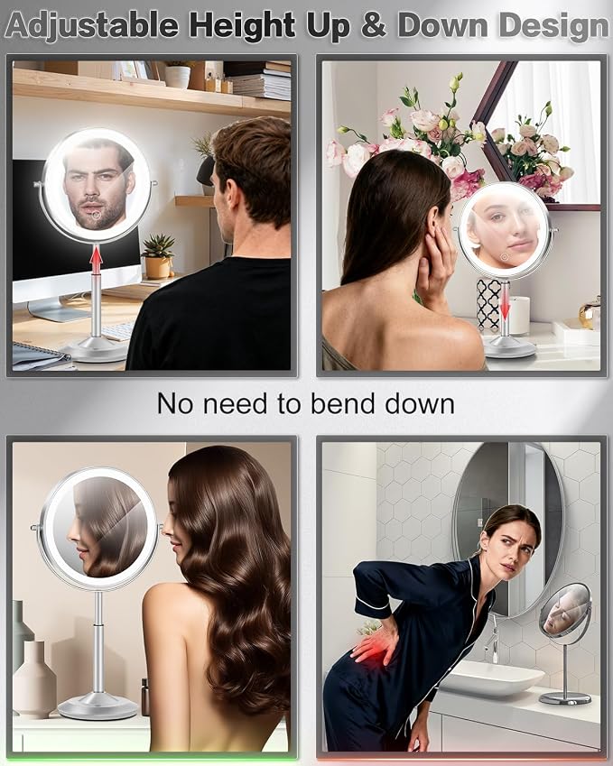 VFD 8'' 30X/1X Magnifying Makeup Mirror with Lights Height Adjustable | Lighted Vanity Mirror with 3 Color Adjustable Brightness, 3000mAh Rechargeable Double Sided Switch for Desk Women Gift
