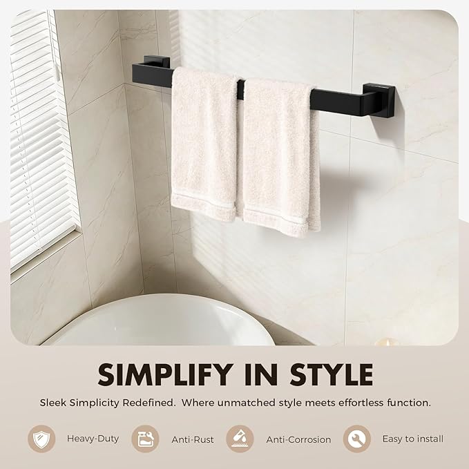 15-Pieces Matte Black Bathroom Accessories Set, 24 Inch Bath Towel Bar Set | Stainless Steel, Towel Ring, Toilet Paper Holder, Robe Hooks, Towel Racks for Bathroom Wall Mounted, Bathroom Hardware Set