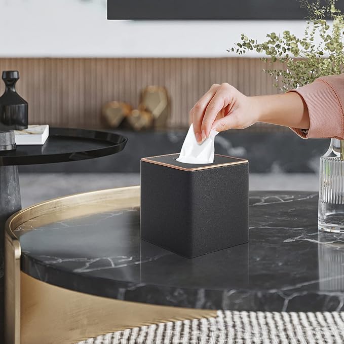 Linen Square Tissue Box Cover,Cube Tissue Box Holder－Excellent Rosegold Leather Decoration,Table Napkin Case Dispenser,Facial Tissues Organizer with Magnetic Bottom for Home Office Car(Black)