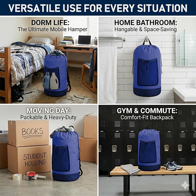 Backpack Laundry Bag, Durable polyster Laundry Backpack Bag with Shoulder Straps, Drawstring Closure & Mesh Pocket, Large Clothes Hamper for Dorm, Travel, Laundromat (Blue)