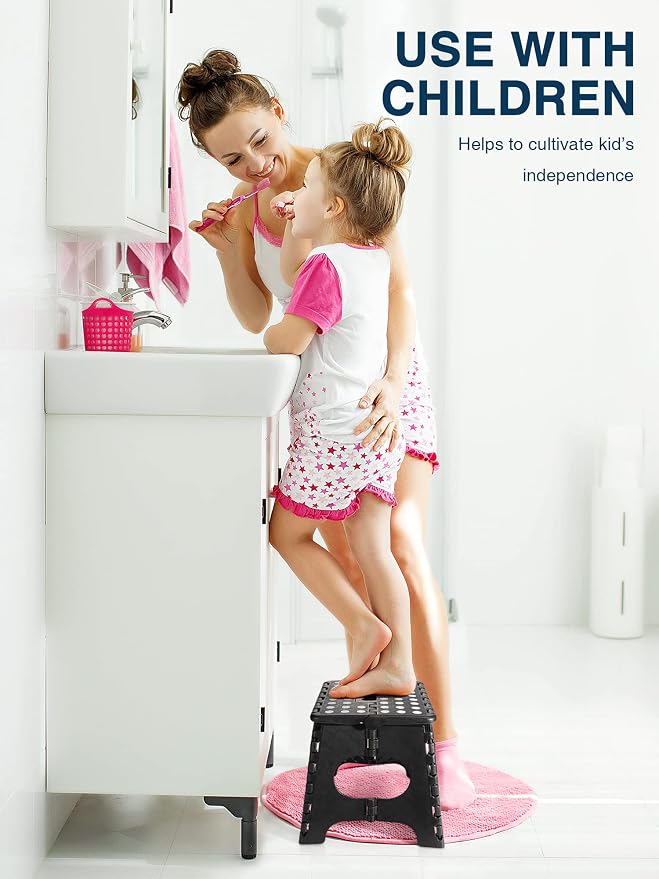 Dyforce Kids Step Stool 11 Inch, 300lbs Folding Step Stool for Adults | Toddler Step stool Black,Anti-slip Heavy Duty with Carry Handle, Lightweight Foldable Stool for Bathroom Kitchen Bedroom