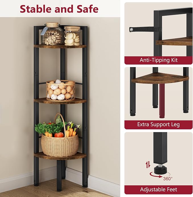 Corner Shelf Stand 3 Tier 39.5" with Metal Frame, Rustic Brown | Industrial Small Corner Shelf Narrow, Multipurpose Tall Corner Bookshelf, Corner Table Bedroom, Living Room, Office, Kitchen