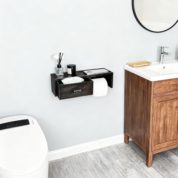 Bamboo Toilet Paper Holder with Shelf, Vintage Matte Black Wall Mount Bathroom Holder with Wet Wipes Storage Drawer