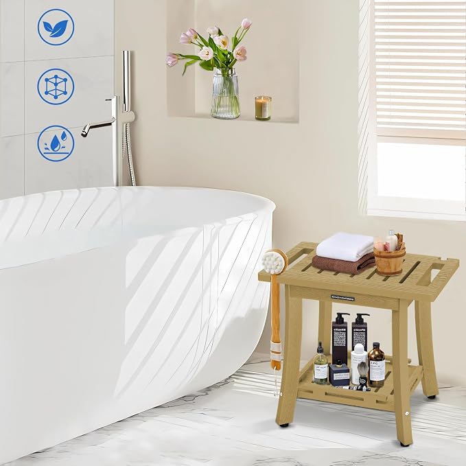 KingPavonini HDPS 18.6'' Shower Bench for Inside Shower, Bamboo M | Waterproof Shower Stool for Shaving Legs, 400 lb, Bathroom Chair Seat with Storage Shelf, for Tub/Outdoor Use, Quick Assembly