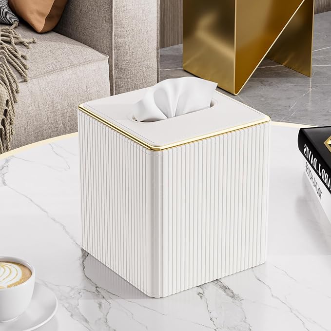 GORESE Tissue Box Cover Square Kleenexs Box Cover, PU Leather Tissue Cover with Gold-Tone Edging, Cube Tissue Box Holder for Bathroom Livingroom Car, Modern Decorative Kleenexs Cover, Cream White