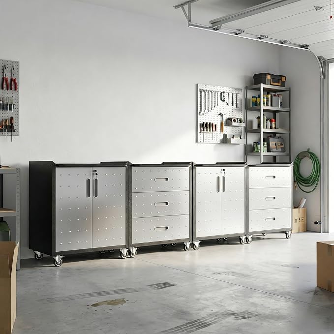 Garage Storage Cabinet System,Wall Cabinet & Locking Rolling Tool Cabinet with Doors and Adjustable Shelves