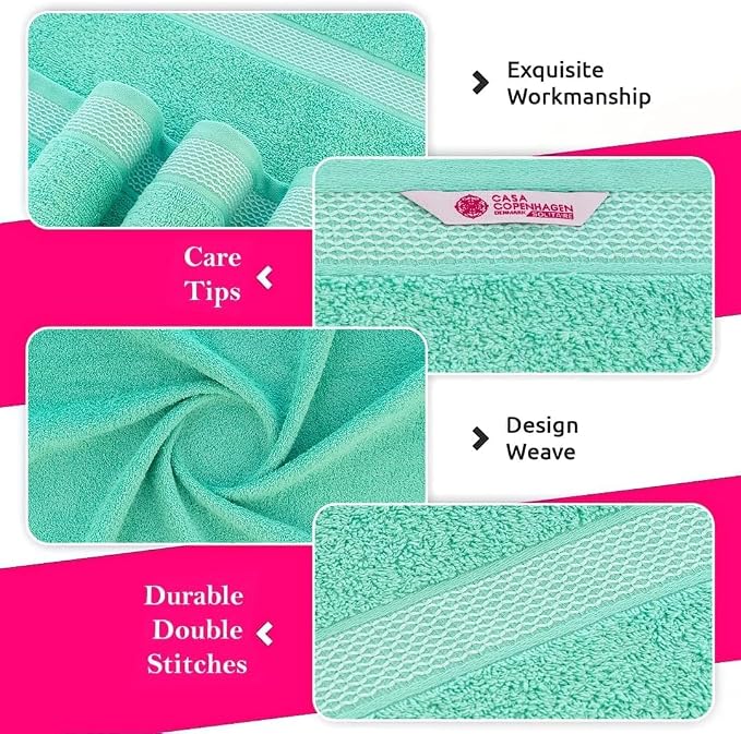 CASA COPENHAGEN Solitaire 6 Pieces Towel Set- Aqua Blue, 600 GSM 2 Bath Towel 2 Hand Towel 2 Washcloth, Designed in Denmark Made of Soft Egyptian Cotton for Bathroom, Kitchen & Shower