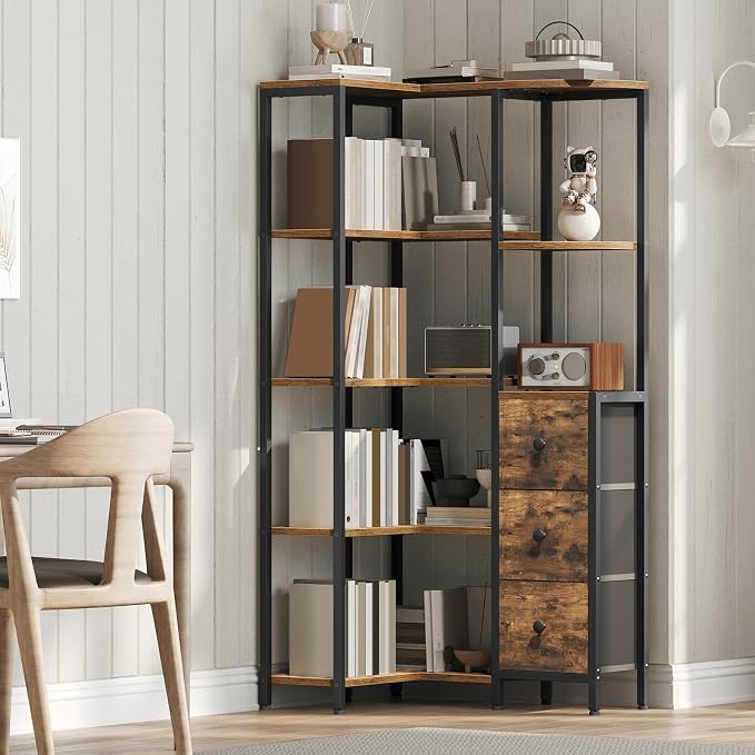 Corner Bookshelf, 5-Tier L-Shaped Bookcase with 3 Fabric Drawers, Storage Display Shelf, Freestanding Tall Open Shelf, for Living Room, Bedroom, Home Office, Rustic Brown SJ12BR
