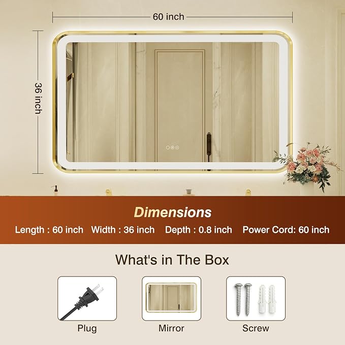 36x60 Inch LED Bathroom Mirror with Gold Frame,Front and Backlit Vanity Mirror, Stepless Dimmable Wall Mirrors with Anti-Fog, 3 Colors, Memory, Waterproof, LED Smart Bathroom Mirror