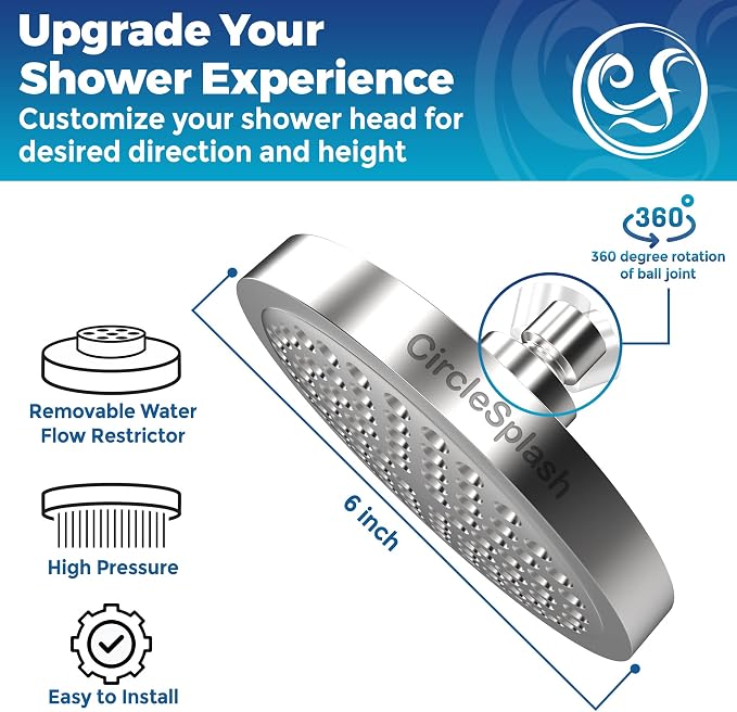 High Pressure Shower Head by Circle Splash -6 inch Chrome fixture-luxury rainfall -detachable water restrictor-tool-free installation with teflon tape