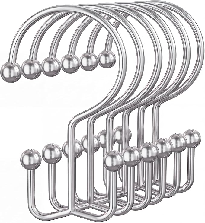 OEH 24 Pcs Shower Curtain Hooks, Metal Shower Curtain Rings, Silver Shower Curtain Hooks Rust Proof, Double Shower Rings for Curtain, Easy Install Anti-Drop Shower Hooks for Shower Curtain, Chrome