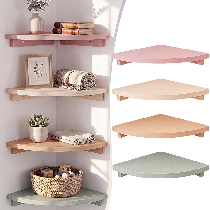 RattanView Morandi Floating Corner Shelf Set of 4, Colorful Rounded Shelves Wall Mounted for Bathroom Bedroom Kitchen, Soft Wood Corner Shelves for Small Spaces Apartment Decor