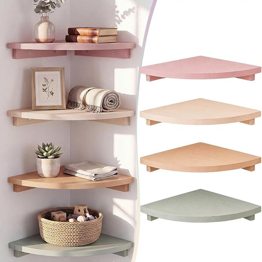RattanView Morandi Floating Corner Shelf Set of 4, Colorful Rounded Shelves Wall Mounted for Bathroom Bedroom Kitchen, Soft Wood Corner Shelves for Small Spaces Apartment Decor