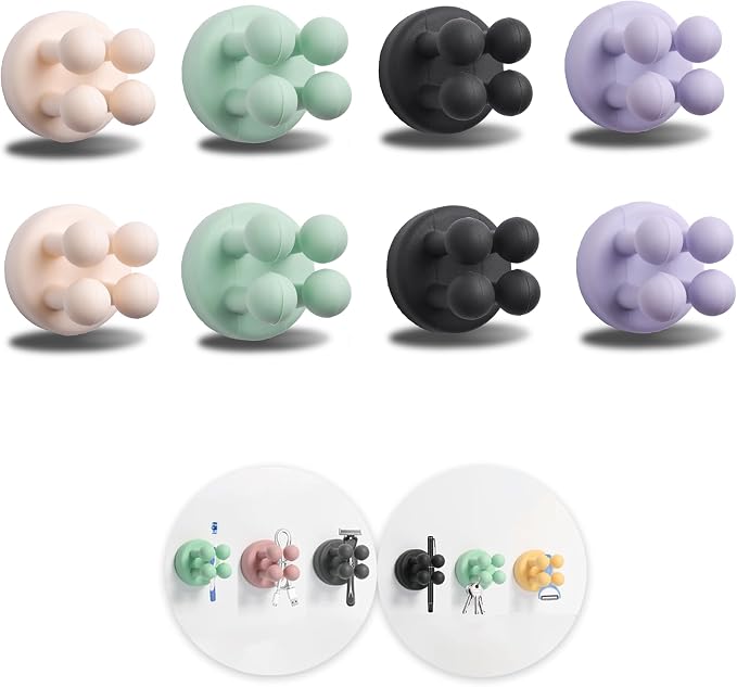 8Pcs Silicone Toothbrush Holders for Bathrooms,Waterproof Self Adhesive Multifunctional Hook for Hanging Towel Key Plug Cable for Bathroom Kitchen Living Room Office BlackPurpleWhiteGreen