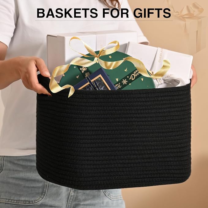 ICERZCZ Woven Cotton Rope Storage Basket for Organizing, Cute Decorative Baskets for Gifts Empty, Organizer Bins for Dog Toy, Baby Laundry, 17“×13”×9.5“, Black