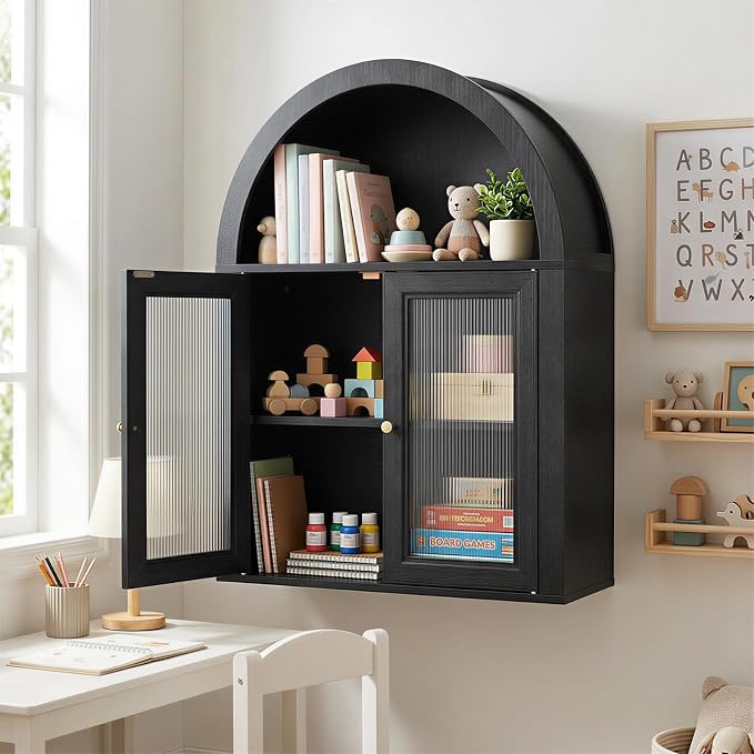 Medicine Cabinet with Arched Top, Bathroom Wall Cabinet Over Toilet with Wave Pattern Tempered Glass Doors and Removable Shelf, Arch Hanging Cabinets for Kitchen, Living Room, Laundry Room, Black