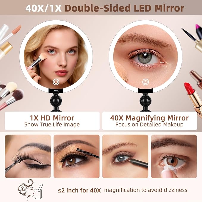 40X/1X Makeup Magnifying Mirror with Lights, 6inch Double-Sided LED Mirror | 1X/40X Makeup Magnified Mirror, Desktop Travel Magnification Mirror, Rechargeable 3 Color Dimmable Light, 360° Rotation Angle