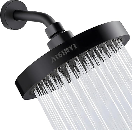 6" Rain Shower Head & 6" Shower Arm, Luxury Matte Black Finish | High Pressure 6 Inch Fixed Showerhead, Adjustable Replacement, 90 Nozzles, Removable Restrictor, Tool-Free Easy to Install