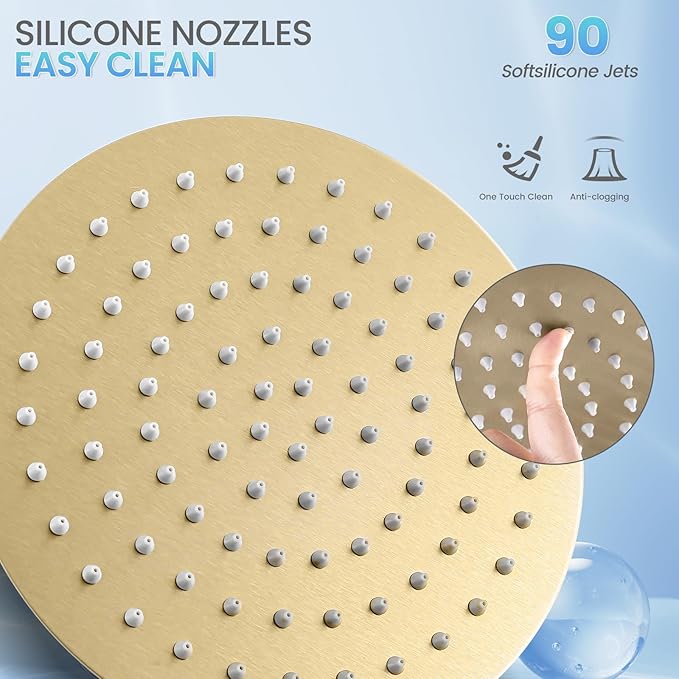 Brushed Gold Round Rainfall Shower Head, All Metal Stainless Steel Rain Shower Heads with 90 Anti-Clog Silicone Nozzles, Wall or Ceiling Mount, 8 inch