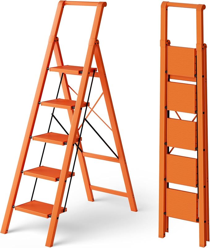 HillhutApex Aluminum 5 Step Ladder, Step Stool Foldable Ladder(Orange) | Anti-Slip Pedals,330lbs Capacity,Lightweight Folding Ladders for Home,Office,Libaray