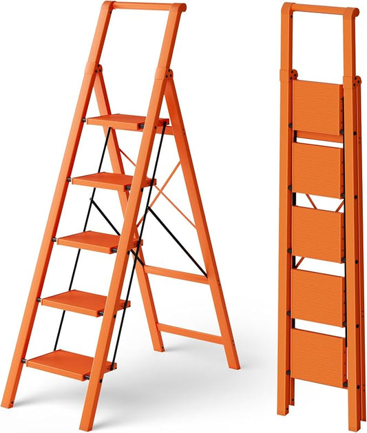 HillhutApex Aluminum 5 Step Ladder, Step Stool Foldable Ladder(Orange) | Anti-Slip Pedals,330lbs Capacity,Lightweight Folding Ladders for Home,Office,Libaray