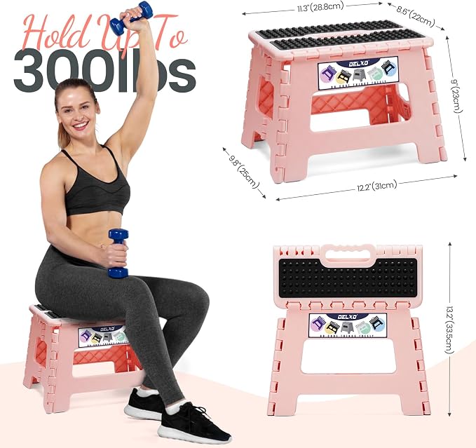 Delxo 9 Inch Kids Step Stool,300 Lbs Folding Step Stool for Toddler Pink | Foldable Step Stool,Non-Slip Foot Stools with Handle, Lightweight Collapsible Stool for Kitchen,Bathroom,Bedroom,Garden