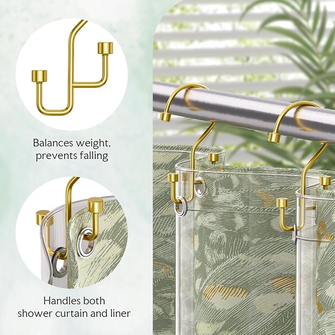 Bathway 12-Pack Double Shower Curtain Hooks, Rust-Resistant Metal Shower Curtain Rings with High-Low Design to Separate Liner & Curtain, Smooth Glide, Gold