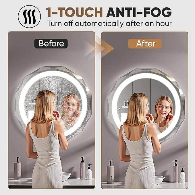 24" Round LED Bathroom Vanity Mirror, Backlit Anti-Fog Frameless | Beveled Edge, Dimmable 3 Colors, Memory Function, HD Shatterproof Tempered Glass, Lighted Mirror for Wall