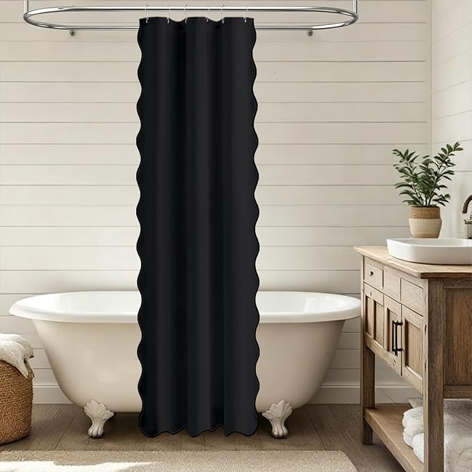 Stall Boho Scalloped Linen Textured Cloth Shower Curtain, 36x72, Black | Half Size, 230GSM Waterproof Polyester, Heavy Duty Fabric, 6 Plastic Hooks, Elegant Modern Farmhouse Style, Machine Washable