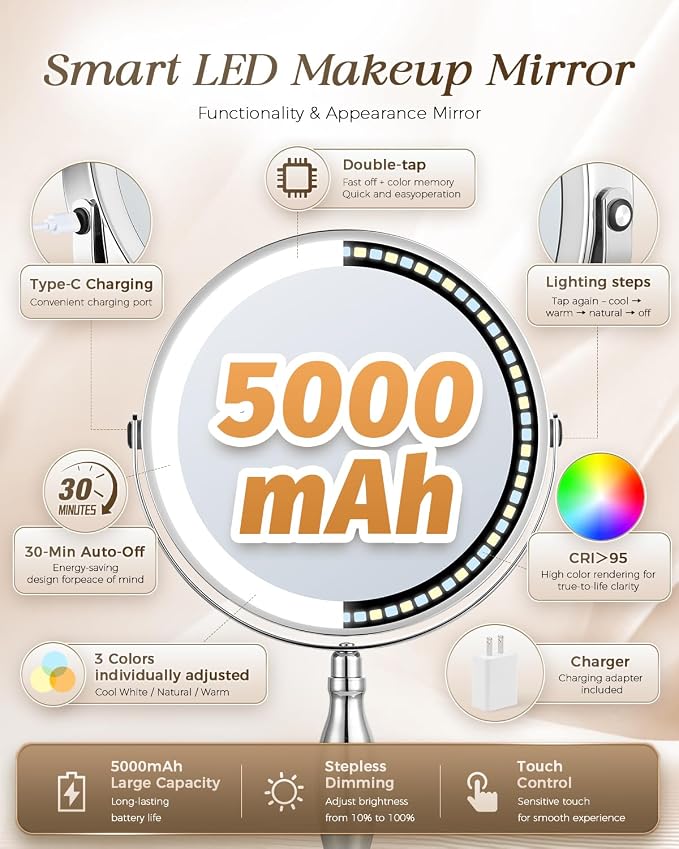 30X/1X Magnifying Mirror with Lights, Rechargeable Lighted Makeup Mirror | Chome, 5000mAh Battery, 3 Color Dimmable Lights, 8in, Side Touch Control, Side Charging, 360° Rotation, Extendable Arm