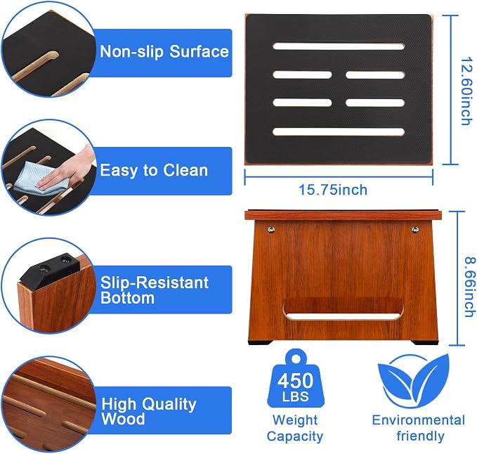 One Step Stool for Adults Seniors with Non-Slip Rubber Stepping Feet, Heavy Duty Wooden Step Stool, 8.7 in Portable Bed Steps for High Beds for Bathroom, Bedroom, Kitchen & Bedside Kids Support