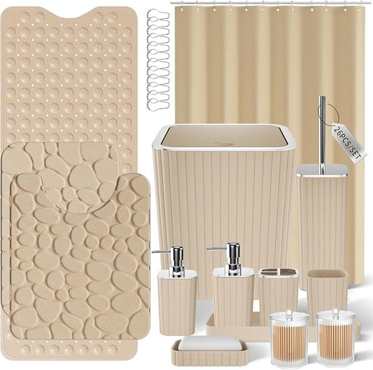 XLHOMO 26PC Bathroom Accessories Set - Gorgeous Bathroom Set, Beige Bathroom Accessory Set, Shower Curtain Set with Bathtub Mats for Shower Tub, Trash Can & Soap Dispenser
