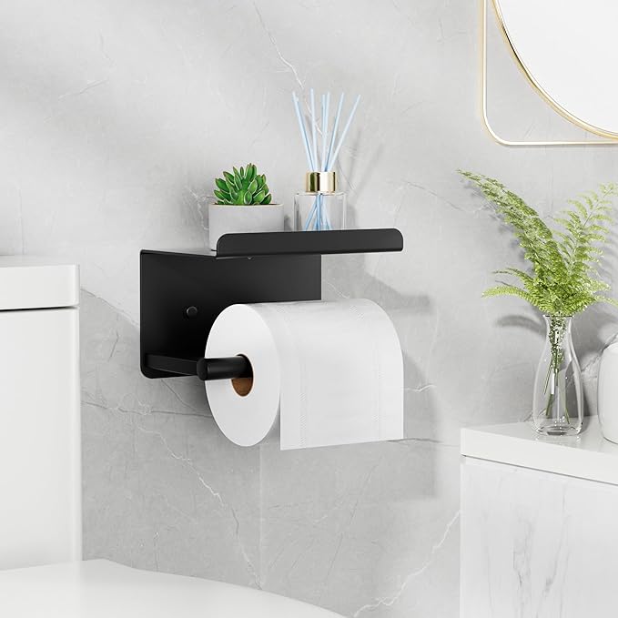 Adhesive Toilet Paper Holder with Phone Shelf, Wall Mounted Toilet Paper Roll Holder, Rustproof Bathroom Tissue Roll Holder with Shelf, Sticky Toilet Paper Roll Holder- Matte Black… | Two Installation Ways:Self Adhesive or Wall Mount, Stick On Toilet P...