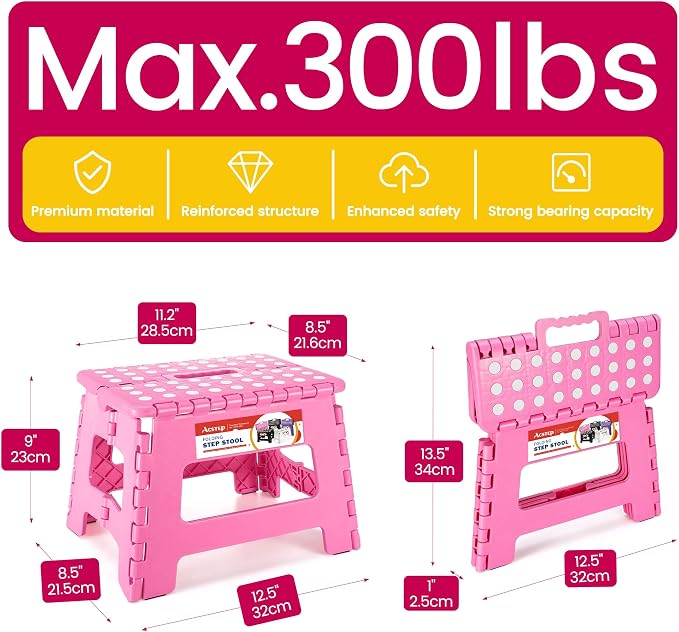 9" Folding Step Stool for Kids, Holds 300 lb Foldable Stools, Pink | Heavy Duty Collapsible Foot Stools, Lightweight, Non-Slip, for Toddler/Adults Kitchen Bathroom Bedroom Outdoor, with Handle