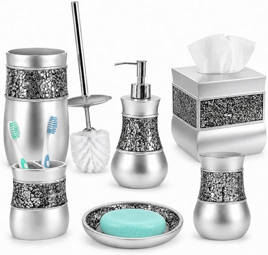 Creative Scents Crackled Glass 6 Pc. Silver Resin Bathroom Accessories Set | Includes Toilet Brush and Holder, Tissue Box Cover, Soap Dispenser, Toothbrush Holder, Tumbler Cup & Soap Dish