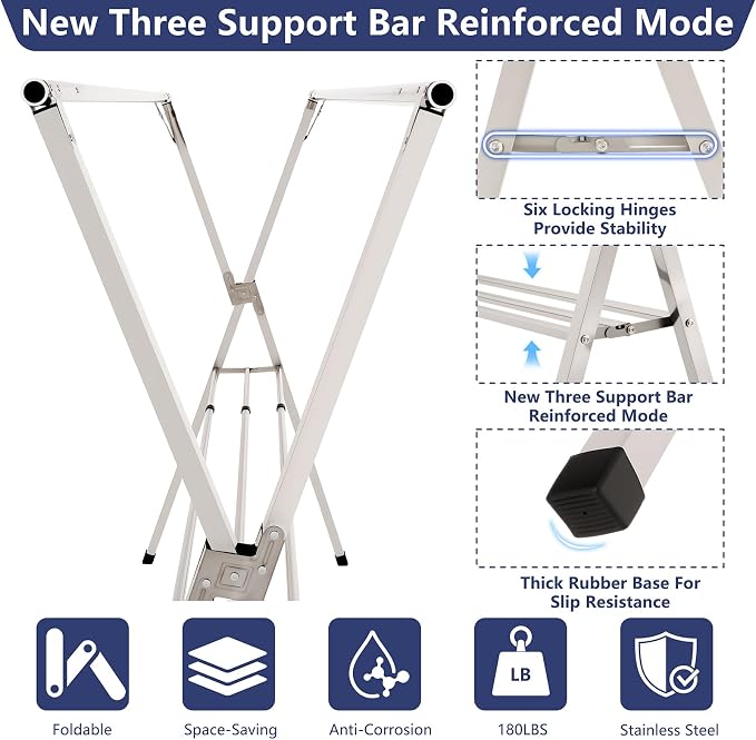 63 inches Foldable Clothes Drying Rack, Stainless Steel Indoor Outdoor Use | Heavy Duty Laundry Drying Rack, Adjustable Length Clothes Rack with 3 Reinforcement Bars and 20 Windproof Hooks
