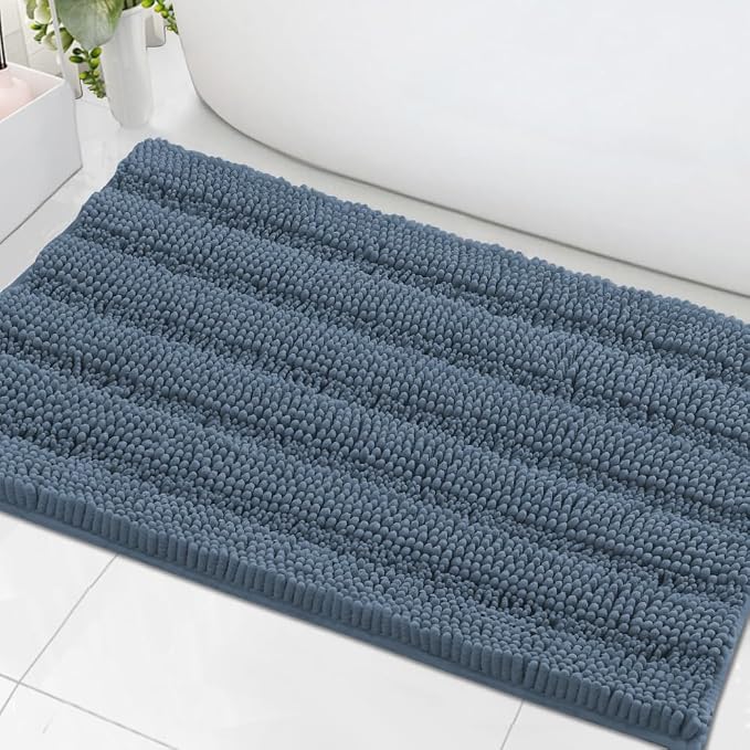 H.VERSAILTEX Bath Mats for Bathroom Non Slip Thick Chenille Striped Bath Rug Absorbent Fluffy Soft Shaggy Rugs Washable Dry Fast Plush Mats for Indoor, Bath Room, Tub - 24" x 36", Blue Indigo