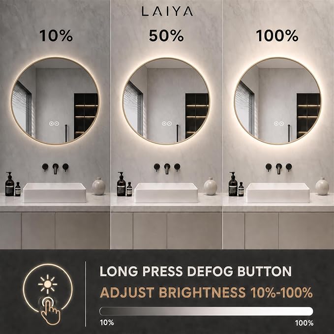 LAIYA 32 Inch Gold Round LED Bathroom Mirror, Anti Fog, Dimmable, 3 Colors | backlit lighted vanity wall mounted makeup mirror defogger touch switch brass frame IP65 CRI95 copper free silver glass hotel