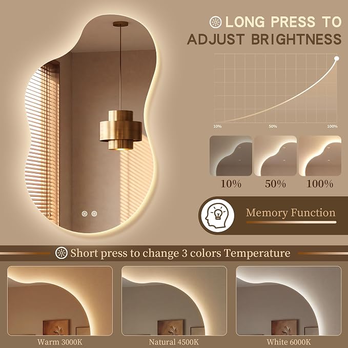 40''x24'' Lighted Mirrors for Bathroom Wall Backlit, Cloud LED Bathroom Mirror Frameless with Lights Anti Fog, Dimmable, 3 Colors,Tempered Glass, Shatter-Proof