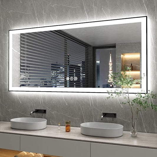 60x28 Inch LED Bathroom Mirror with Black Frame | Black Metal Frame, Front and Backlit, 3 Colors, Dimmable, Memory, Anti Fog, Tempered Glass, Lighted Mirror for Wall