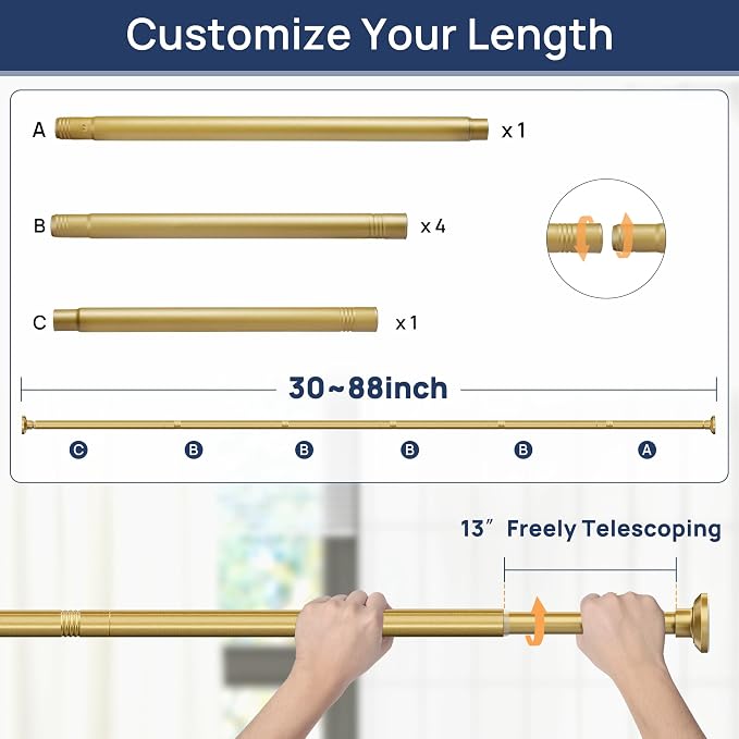 ENJOYBASICS 1" Gold Shower Curtain Rod, 30-88" Adjustable, Secure Tension | Easy No-Drill Installation, No Tools, No Gaps, Sturdy Rust-Resistant Steel, Sag-Resistant Design, Tubs, RVs, Apartments