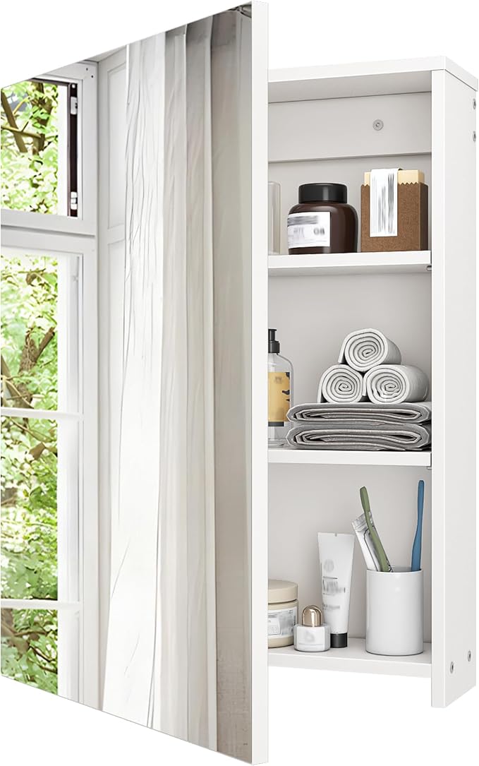 Bathroom Medicine Mirror Cabinet, 21.7'' x 27.6'', Wall-Mounted Bathroom Vanity with Mirror, Bathroom Medicine Cabinet with Storage Function, Hanging Storage Cabinet, Adjustable Shelves, White